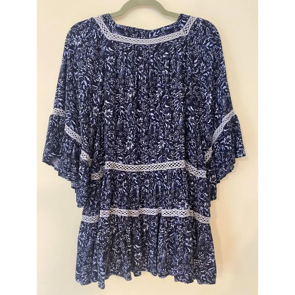 Free People Talk About It Navy Floral Crochet Lace Tiered‎ Boho Tunic Top Small